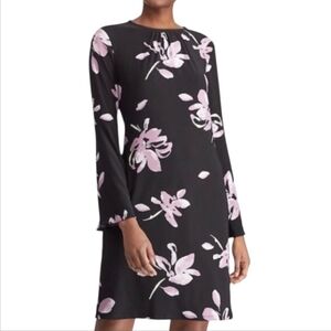 Chaps LavenderFloral& Black Swing Dress Midi Bell Sleeves NWOT MED